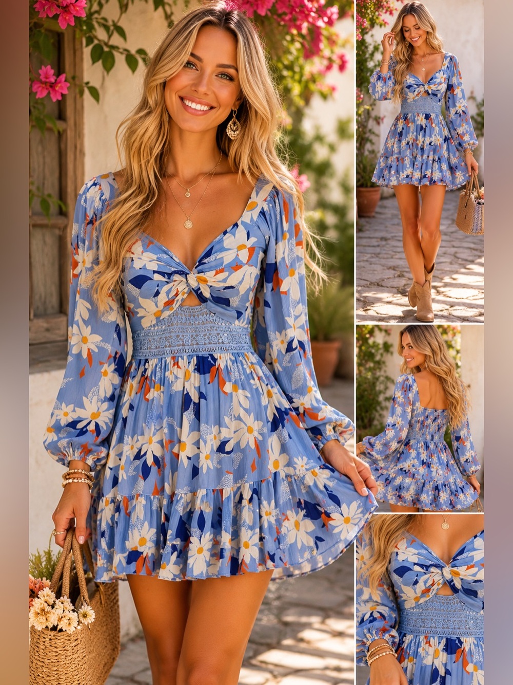 Angie Blue Floral Boho Mini Dress – Twisted Front Crochet Lace Cutout Dress